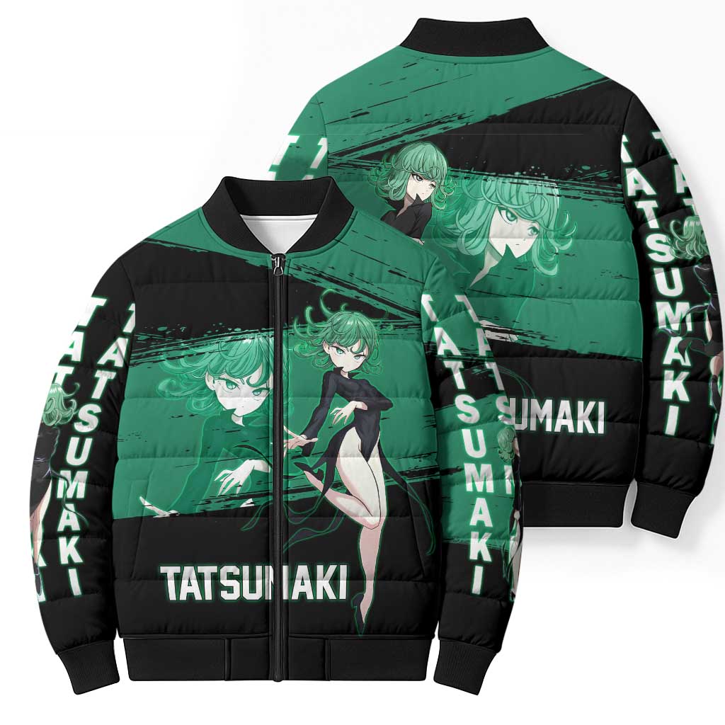 Tatsumaki One Punch Man Anime Green and Black Theme Bomber Puffer Jacket with Psychic Power Effects and Bold - The Mazicc