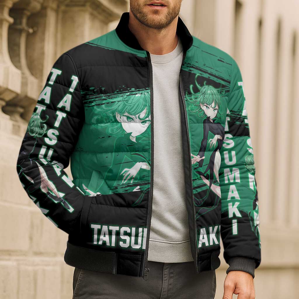 Tatsumaki One Punch Man Anime Green and Black Theme Bomber Puffer Jacket with Psychic Power Effects and Bold - The Mazicc
