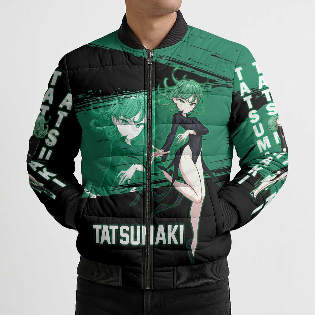 Tatsumaki One Punch Man Anime Green and Black Theme Bomber Puffer Jacket with Psychic Power Effects and Bold - The Mazicc