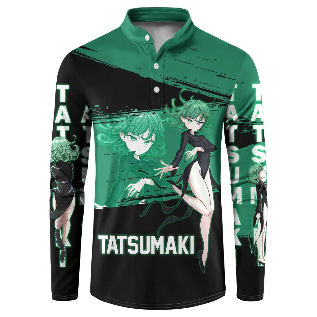 Tatsumaki One Punch Man Anime Green and Black Theme Button Sweatshirt with Psychic Power Effects and Bold - The Mazicc