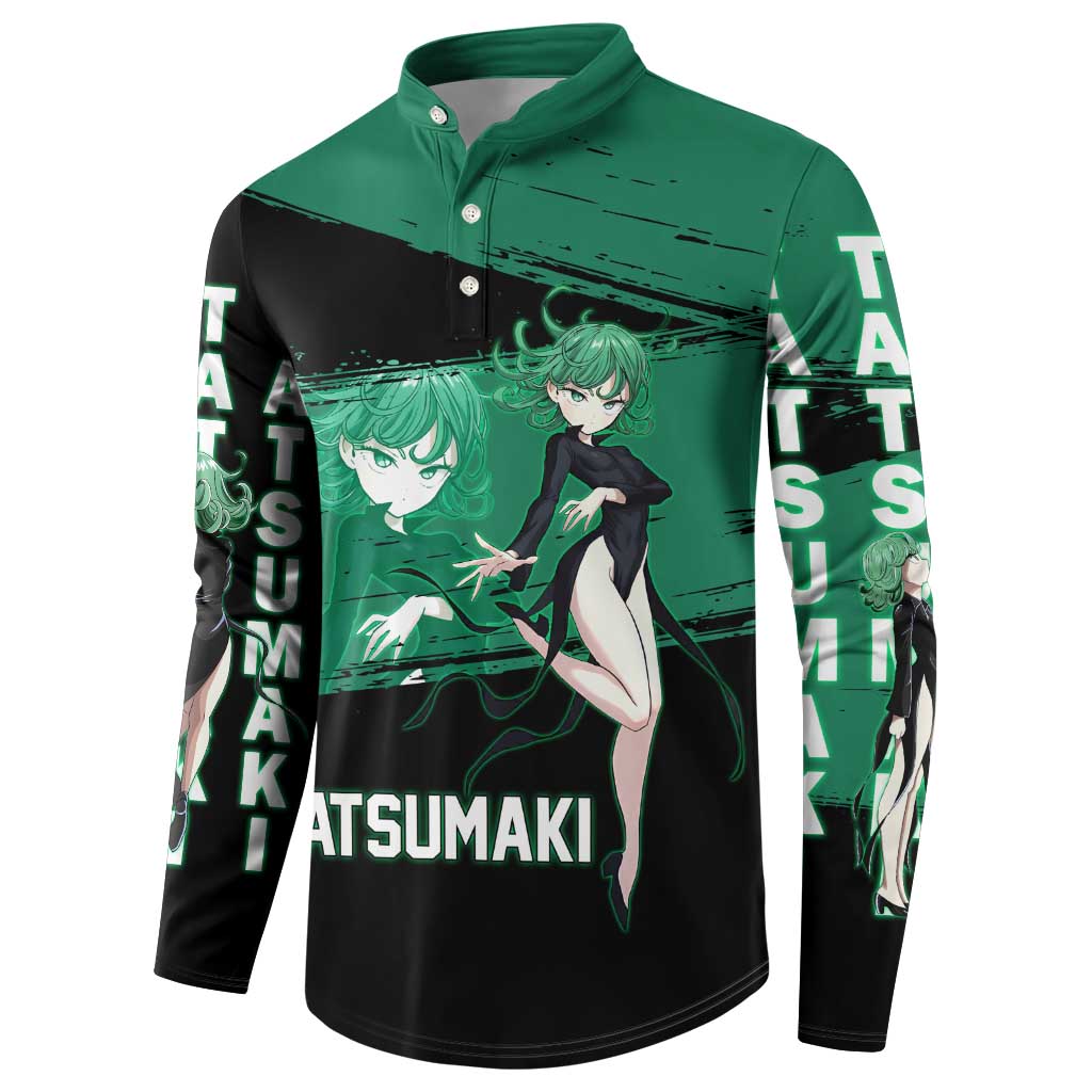 Tatsumaki One Punch Man Anime Green and Black Theme Button Sweatshirt with Psychic Power Effects and Bold - The Mazicc