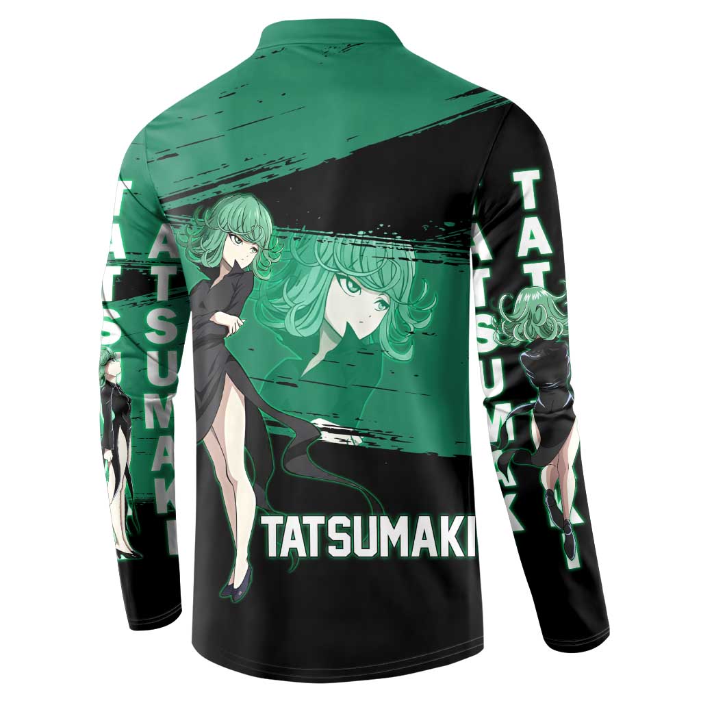 Tatsumaki One Punch Man Anime Green and Black Theme Button Sweatshirt with Psychic Power Effects and Bold - The Mazicc