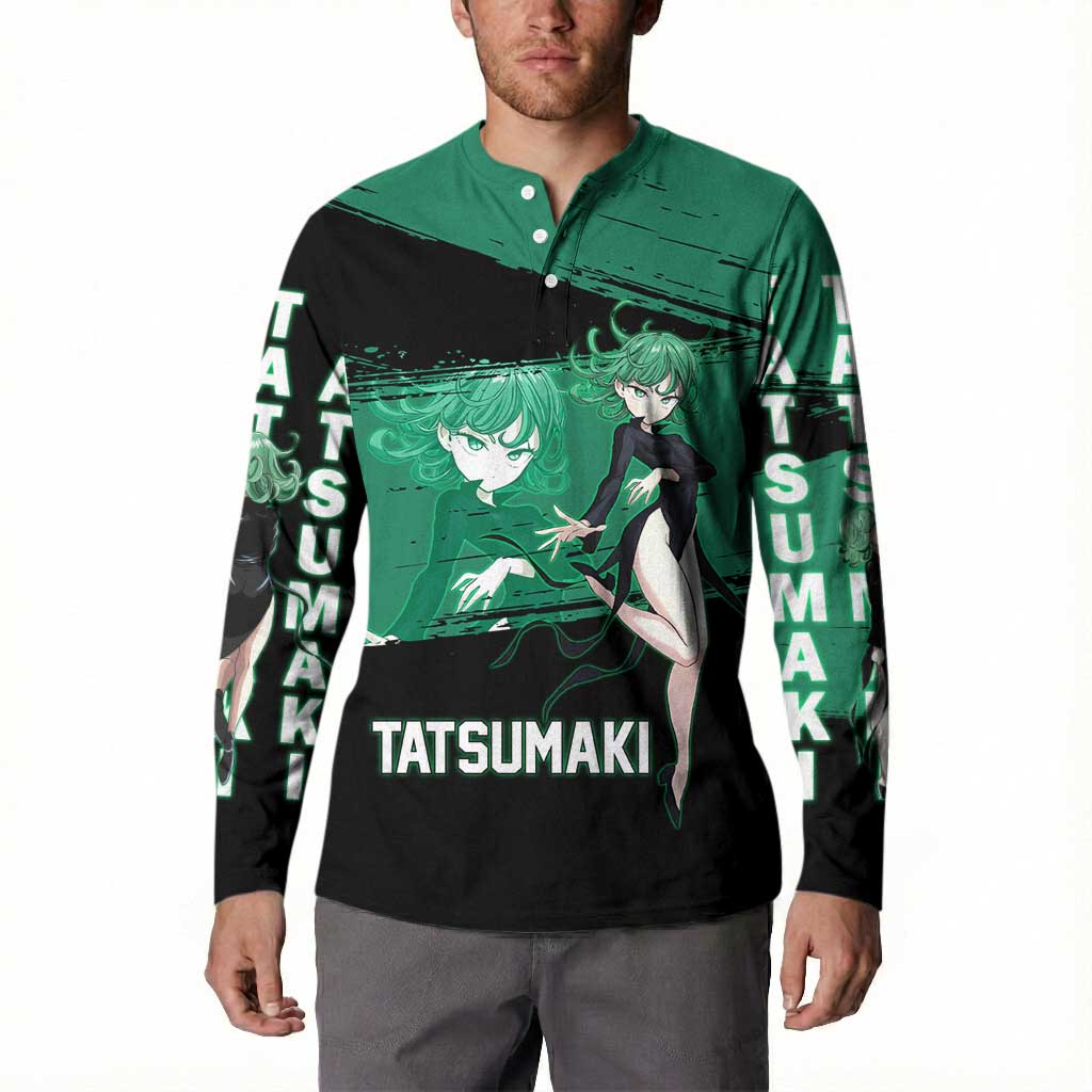 Tatsumaki One Punch Man Anime Green and Black Theme Button Sweatshirt with Psychic Power Effects and Bold - The Mazicc