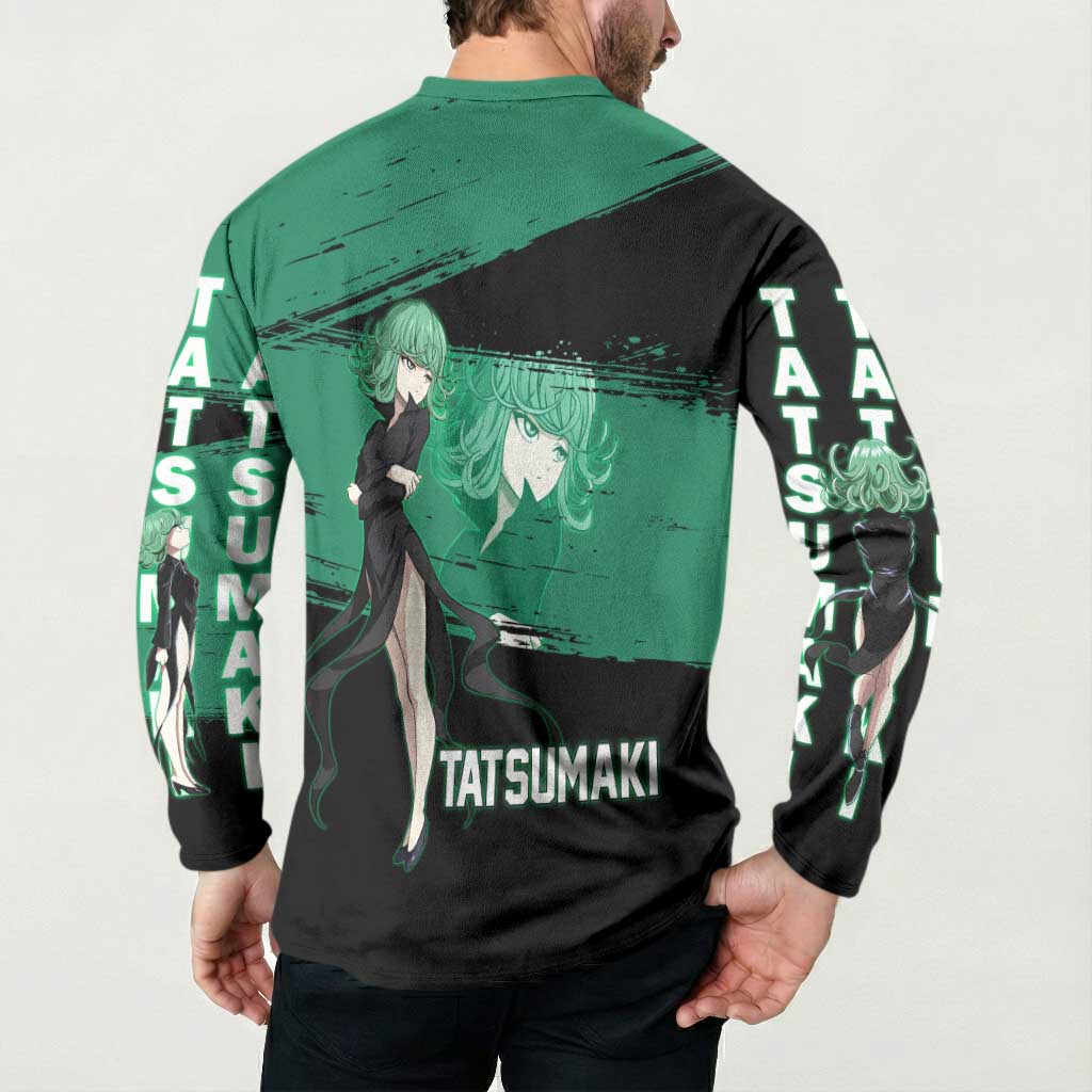Tatsumaki One Punch Man Anime Green and Black Theme Button Sweatshirt with Psychic Power Effects and Bold - The Mazicc
