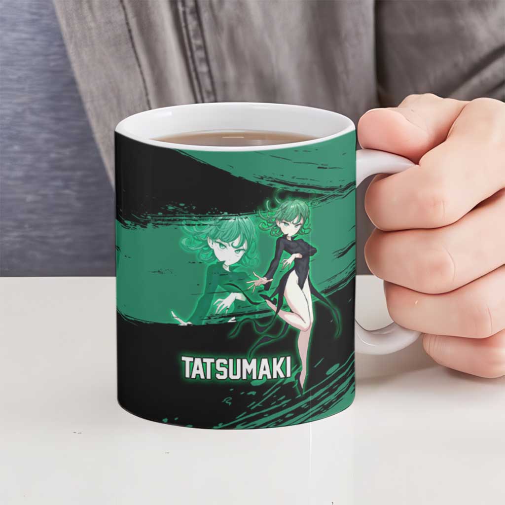 Tatsumaki One Punch Man Anime Green and Black Theme Ceramic Mug with Psychic Power Effects and Bold - The Mazicc