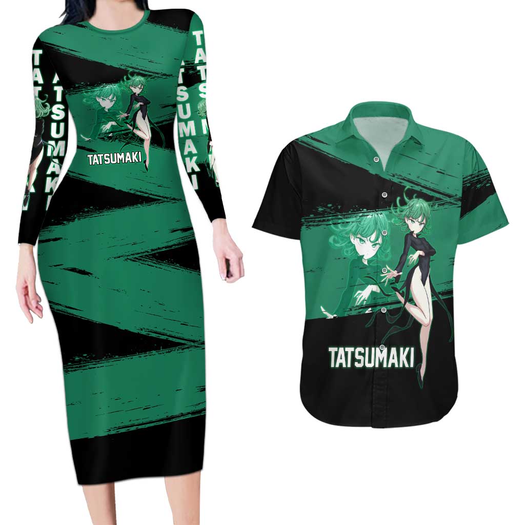 Tatsumaki One Punch Man Anime Green and Black Theme Couples Matching Long Sleeve Bodycon Dress and Hawaiian Shirt with Psychic Power Effects and Bold - The Mazicc