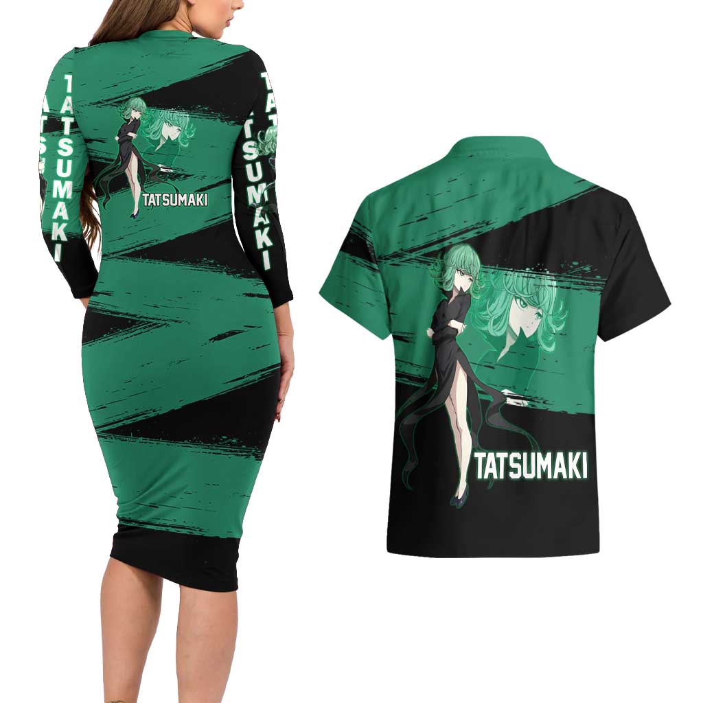 Tatsumaki One Punch Man Anime Green and Black Theme Couples Matching Long Sleeve Bodycon Dress and Hawaiian Shirt with Psychic Power Effects and Bold - The Mazicc