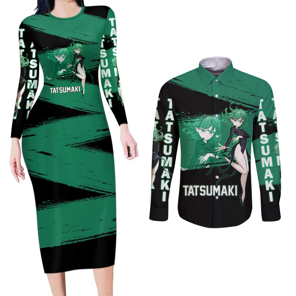 Tatsumaki One Punch Man Anime Green and Black Theme Couples Matching Long Sleeve Bodycon Dress and Long Sleeve Button Shirt with Psychic Power Effects and Bold - The Mazicc
