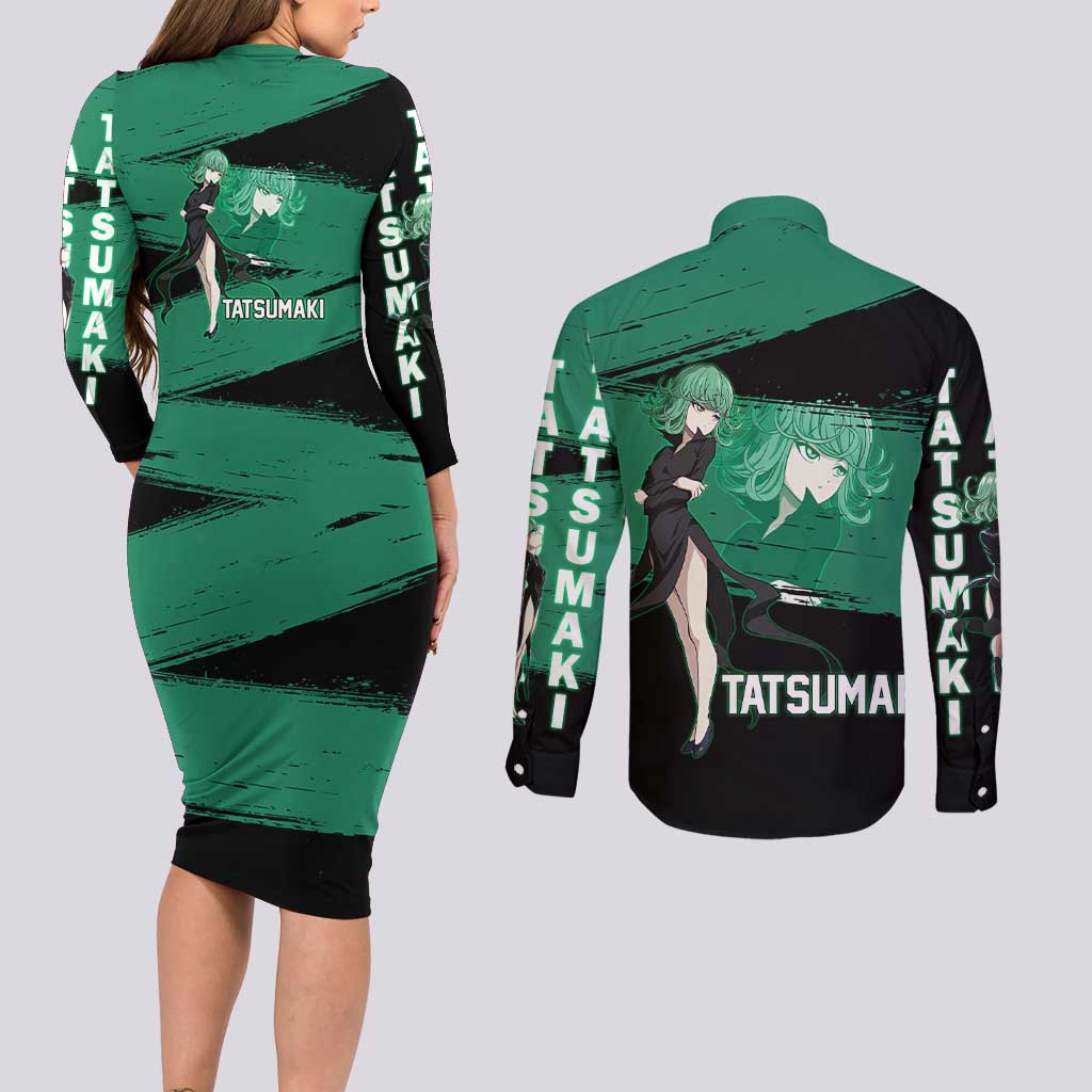 Tatsumaki One Punch Man Anime Green and Black Theme Couples Matching Long Sleeve Bodycon Dress and Long Sleeve Button Shirt with Psychic Power Effects and Bold - The Mazicc