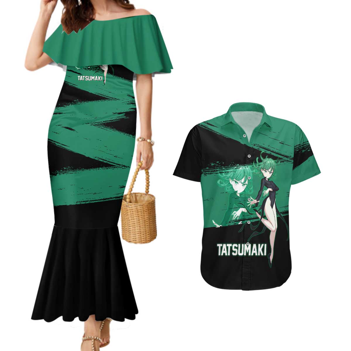 Tatsumaki One Punch Man Anime Green and Black Theme Couples Matching Mermaid Dress and Hawaiian Shirt with Psychic Power Effects and Bold - The Mazicc