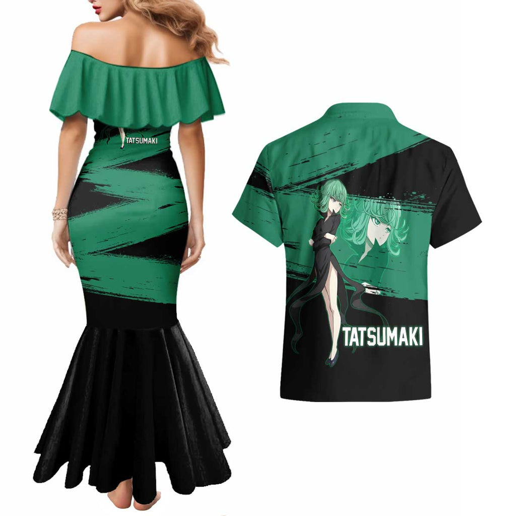 Tatsumaki One Punch Man Anime Green and Black Theme Couples Matching Mermaid Dress and Hawaiian Shirt with Psychic Power Effects and Bold - The Mazicc