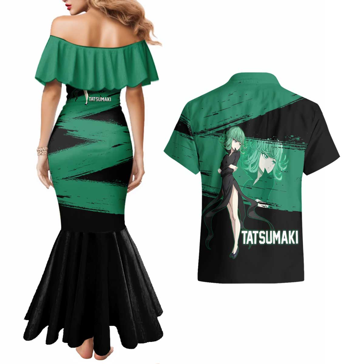 Tatsumaki One Punch Man Anime Green and Black Theme Couples Matching Mermaid Dress and Hawaiian Shirt with Psychic Power Effects and Bold - The Mazicc