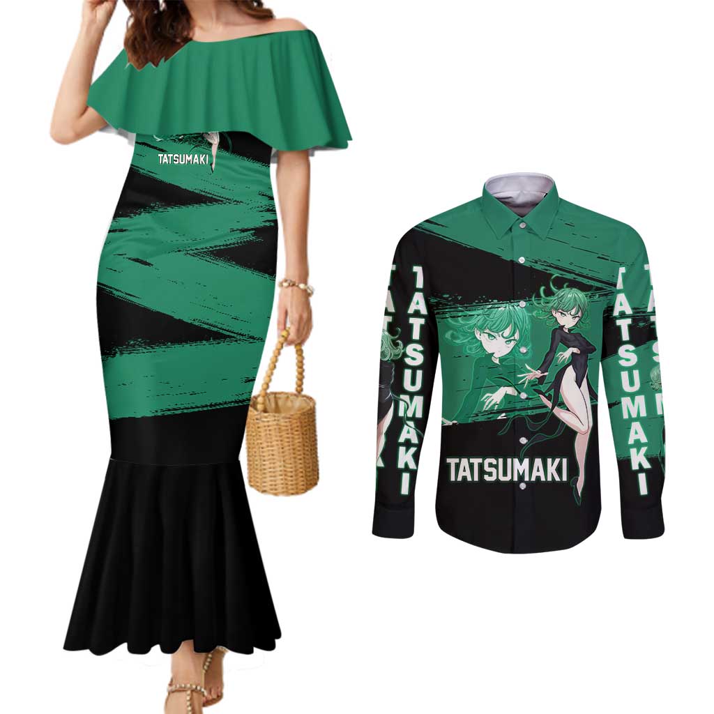 Tatsumaki One Punch Man Anime Green and Black Theme Couples Matching Mermaid Dress and Long Sleeve Button Shirt with Psychic Power Effects and Bold - The Mazicc