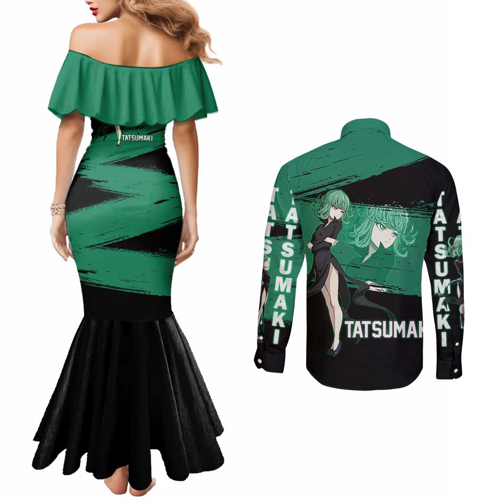 Tatsumaki One Punch Man Anime Green and Black Theme Couples Matching Mermaid Dress and Long Sleeve Button Shirt with Psychic Power Effects and Bold - The Mazicc