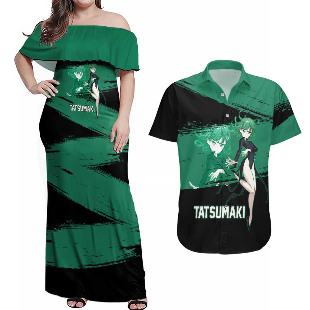 Tatsumaki One Punch Man Anime Green and Black Theme Couples Matching Off Shoulder Maxi Dress and Hawaiian Shirt with Psychic Power Effects and Bold - The Mazicc