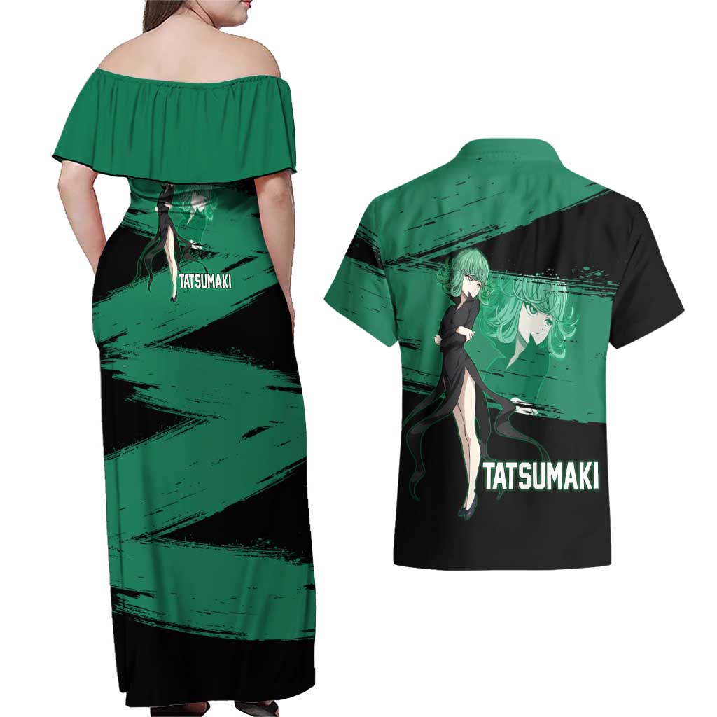 Tatsumaki One Punch Man Anime Green and Black Theme Couples Matching Off Shoulder Maxi Dress and Hawaiian Shirt with Psychic Power Effects and Bold - The Mazicc