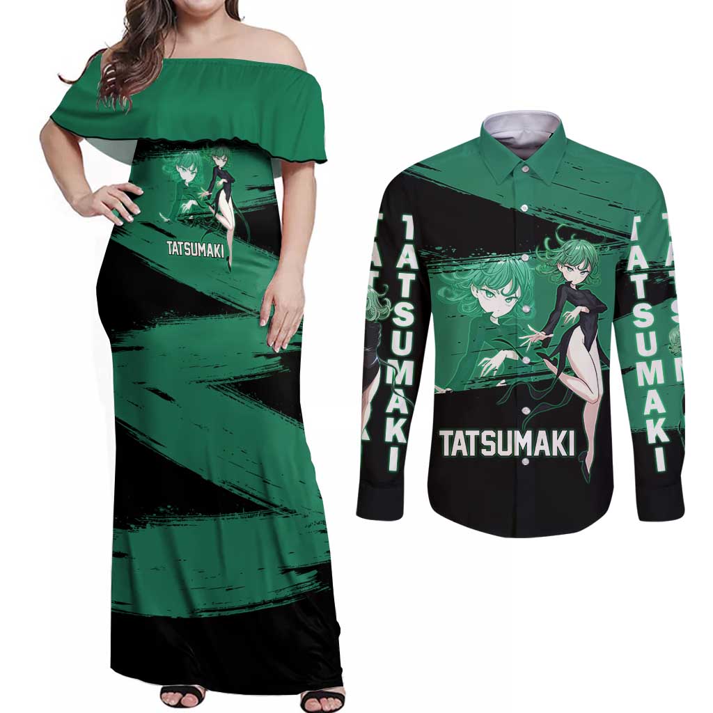 Tatsumaki One Punch Man Anime Green and Black Theme Couples Matching Off Shoulder Maxi Dress and Long Sleeve Button Shirt with Psychic Power Effects and Bold - The Mazicc