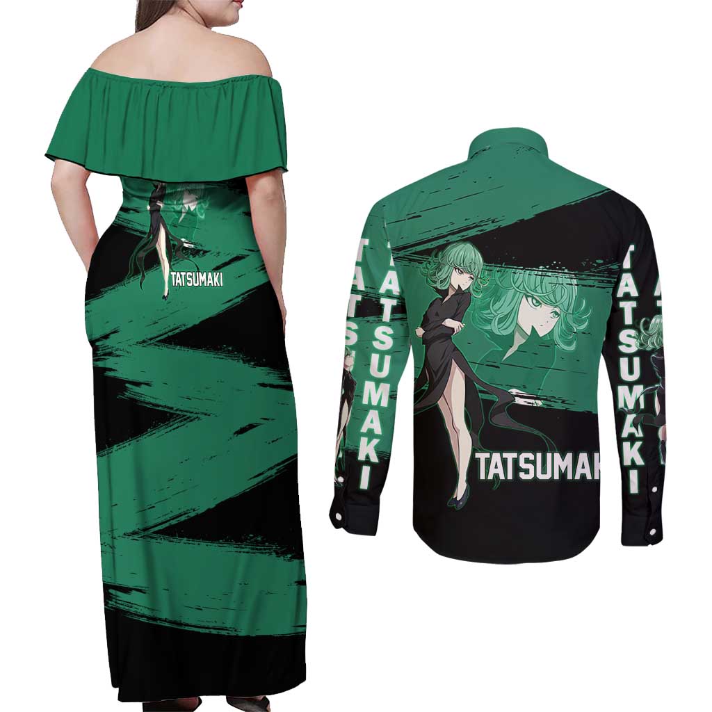Tatsumaki One Punch Man Anime Green and Black Theme Couples Matching Off Shoulder Maxi Dress and Long Sleeve Button Shirt with Psychic Power Effects and Bold - The Mazicc