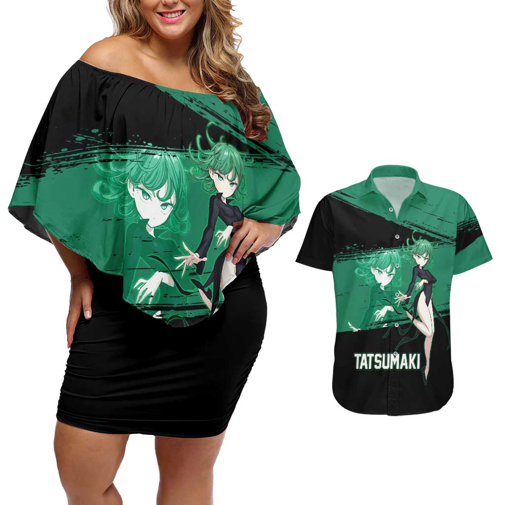 Tatsumaki One Punch Man Anime Green and Black Theme Couples Matching Off Shoulder Short Dress and Hawaiian Shirt with Psychic Power Effects and Bold - The Mazicc