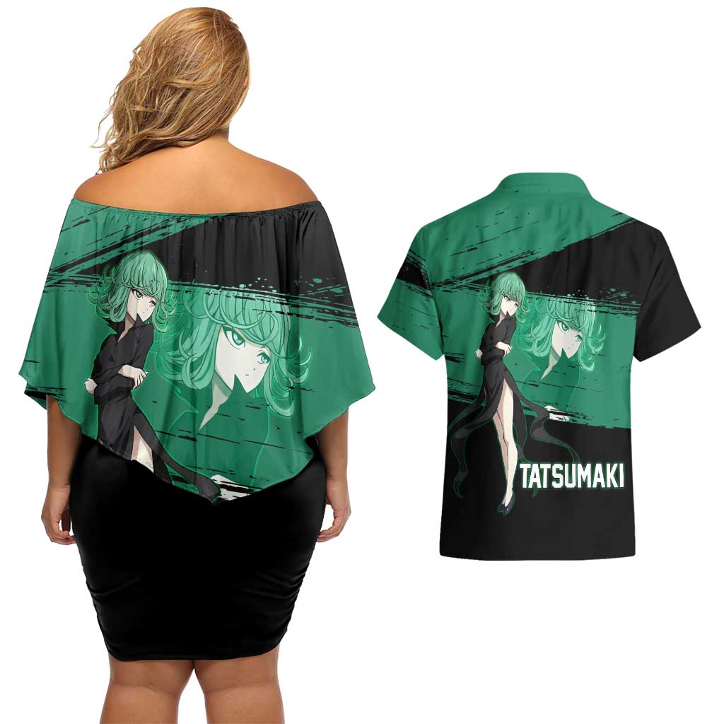 Tatsumaki One Punch Man Anime Green and Black Theme Couples Matching Off Shoulder Short Dress and Hawaiian Shirt with Psychic Power Effects and Bold - The Mazicc