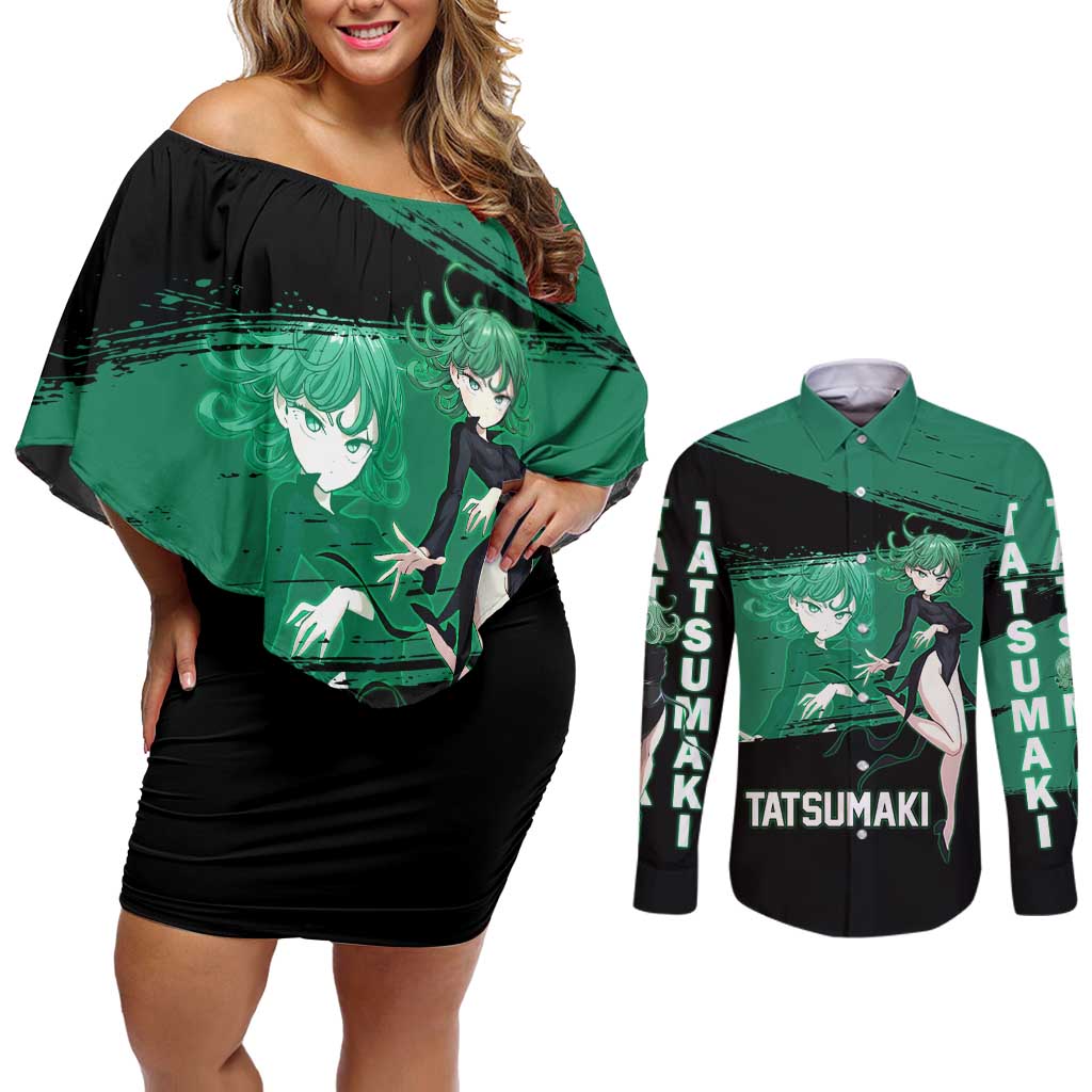 Tatsumaki One Punch Man Anime Green and Black Theme Couples Matching Off Shoulder Short Dress and Long Sleeve Button Shirt with Psychic Power Effects and Bold - The Mazicc
