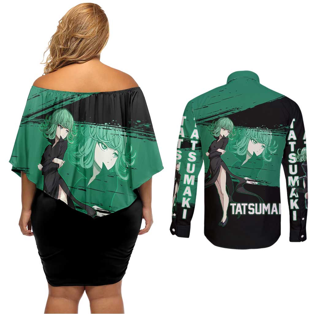 Tatsumaki One Punch Man Anime Green and Black Theme Couples Matching Off Shoulder Short Dress and Long Sleeve Button Shirt with Psychic Power Effects and Bold - The Mazicc