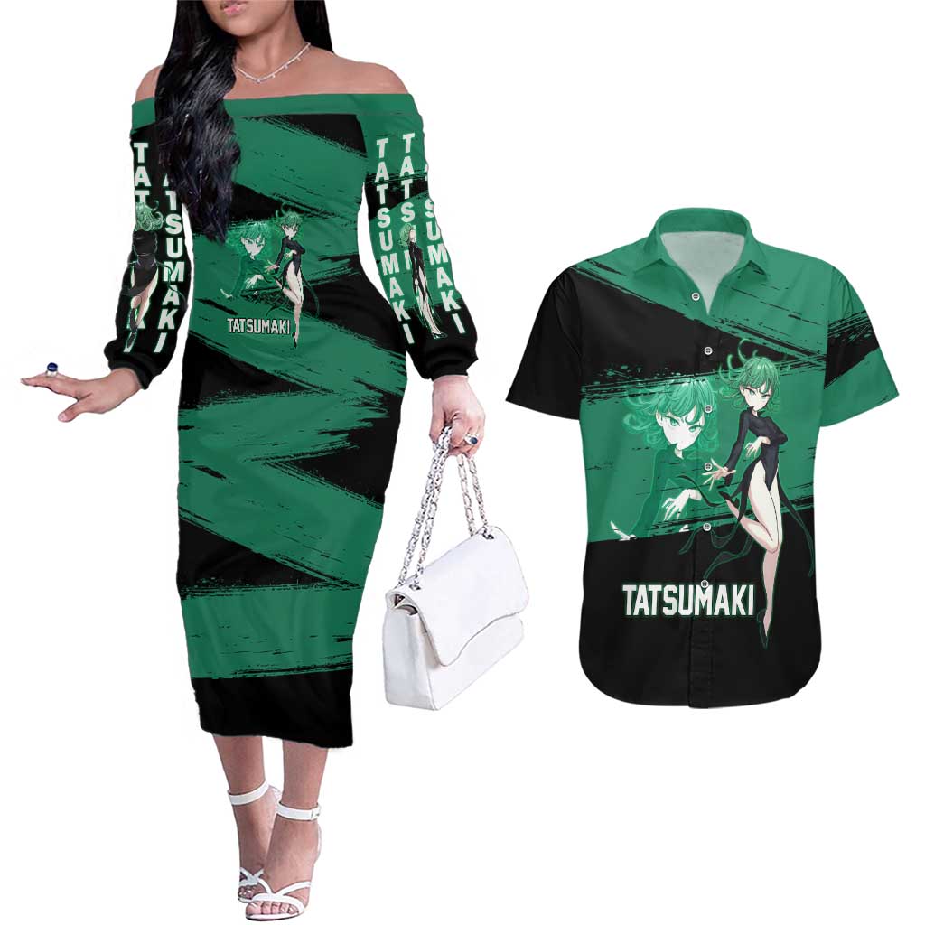 Tatsumaki One Punch Man Anime Green and Black Theme Couples Matching Off The Shoulder Long Sleeve Dress and Hawaiian Shirt with Psychic Power Effects and Bold - The Mazicc