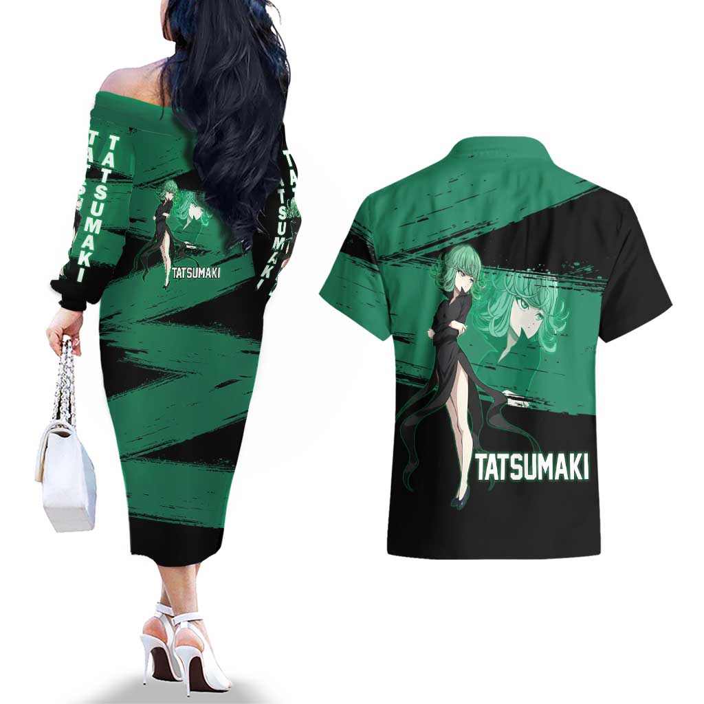 Tatsumaki One Punch Man Anime Green and Black Theme Couples Matching Off The Shoulder Long Sleeve Dress and Hawaiian Shirt with Psychic Power Effects and Bold - The Mazicc