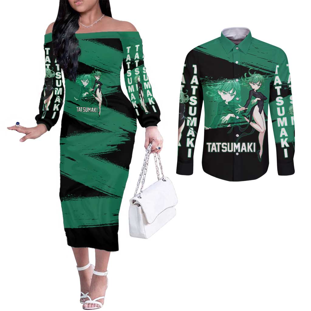 Tatsumaki One Punch Man Anime Green and Black Theme Couples Matching Off The Shoulder Long Sleeve Dress and Long Sleeve Button Shirt with Psychic Power Effects and Bold - The Mazicc
