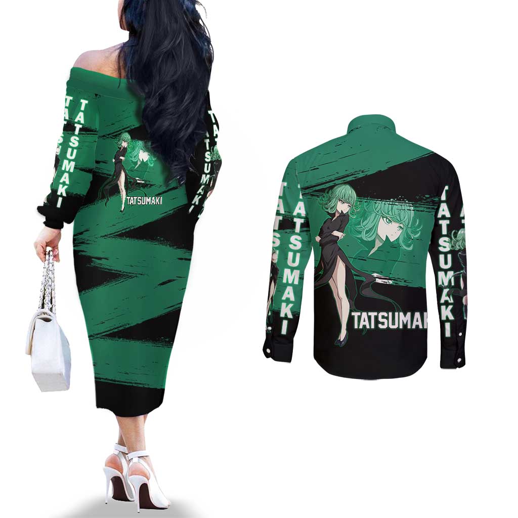 Tatsumaki One Punch Man Anime Green and Black Theme Couples Matching Off The Shoulder Long Sleeve Dress and Long Sleeve Button Shirt with Psychic Power Effects and Bold - The Mazicc