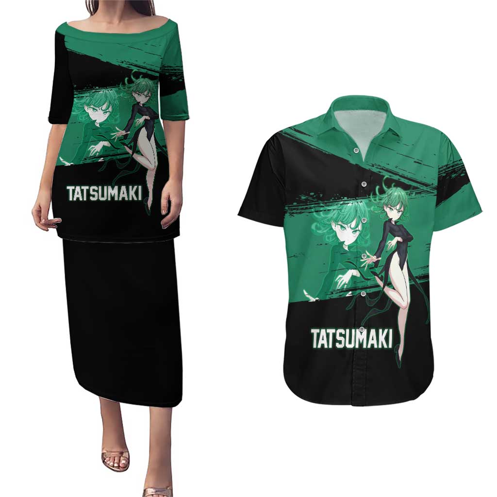 Tatsumaki One Punch Man Anime Green and Black Theme Couples Matching Puletasi and Hawaiian Shirt with Psychic Power Effects and Bold - The Mazicc