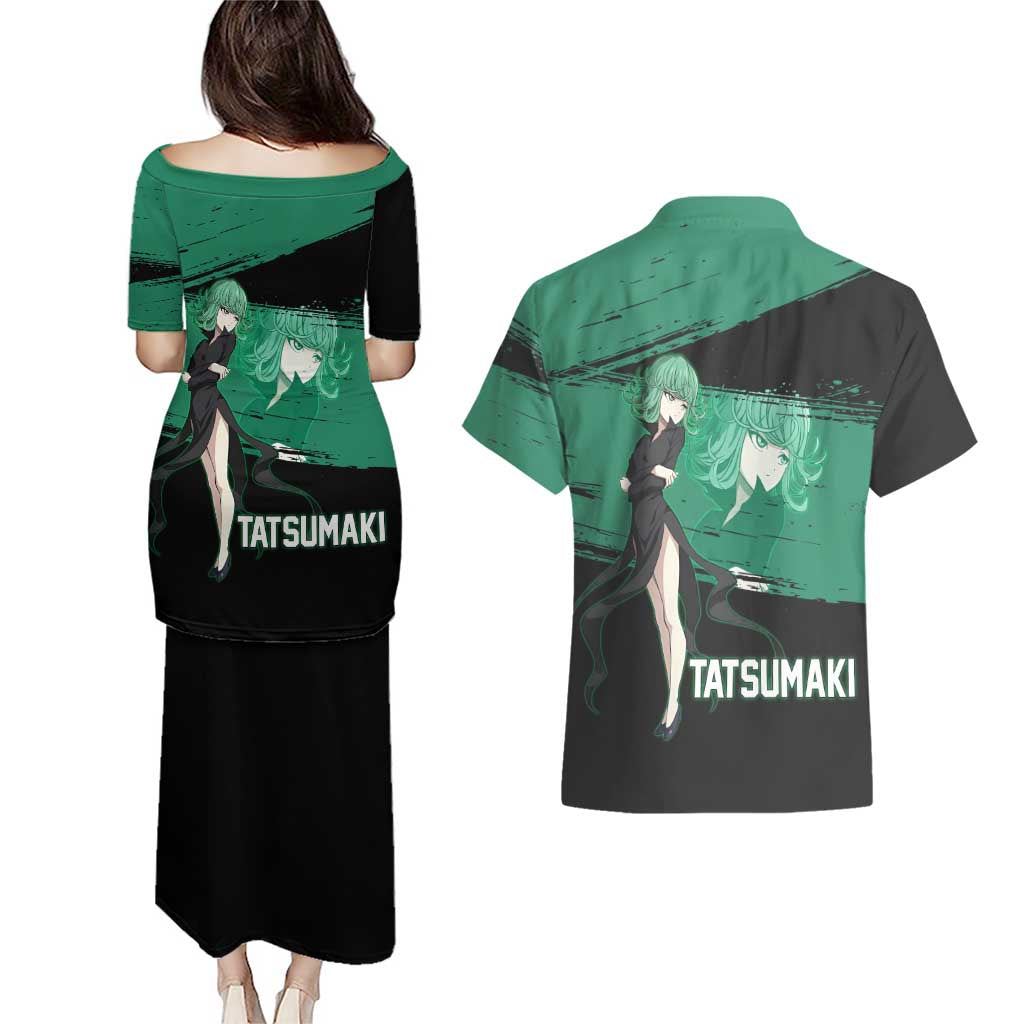Tatsumaki One Punch Man Anime Green and Black Theme Couples Matching Puletasi and Hawaiian Shirt with Psychic Power Effects and Bold - The Mazicc