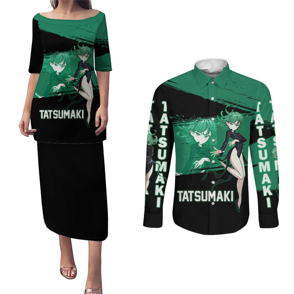 Tatsumaki One Punch Man Anime Green and Black Theme Couples Matching Puletasi and Long Sleeve Button Shirt with Psychic Power Effects and Bold - The Mazicc