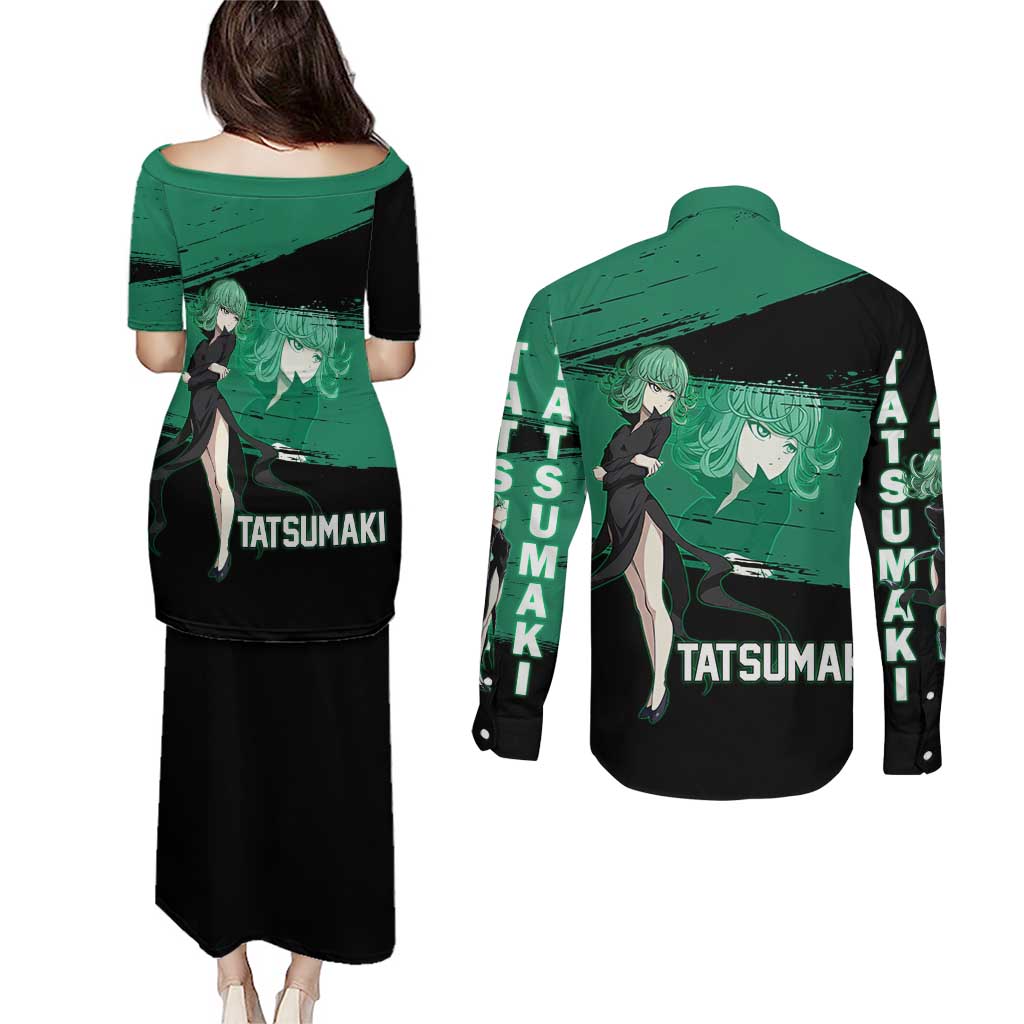 Tatsumaki One Punch Man Anime Green and Black Theme Couples Matching Puletasi and Long Sleeve Button Shirt with Psychic Power Effects and Bold - The Mazicc