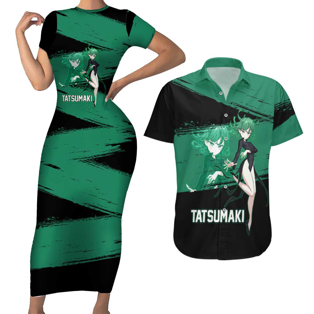 Tatsumaki One Punch Man Anime Green and Black Theme Couples Matching Short Sleeve Bodycon Dress and Hawaiian Shirt with Psychic Power Effects and Bold - The Mazicc