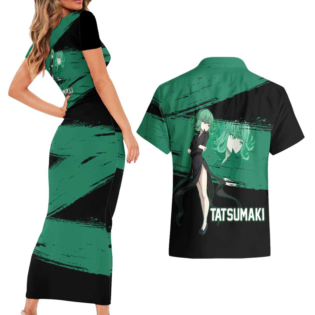 Tatsumaki One Punch Man Anime Green and Black Theme Couples Matching Short Sleeve Bodycon Dress and Hawaiian Shirt with Psychic Power Effects and Bold - The Mazicc