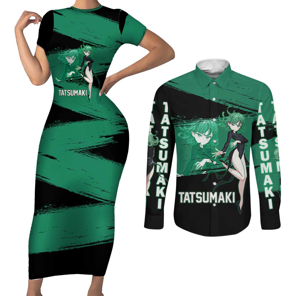 Tatsumaki One Punch Man Anime Green and Black Theme Couples Matching Short Sleeve Bodycon Dress and Long Sleeve Button Shirt with Psychic Power Effects and Bold - The Mazicc