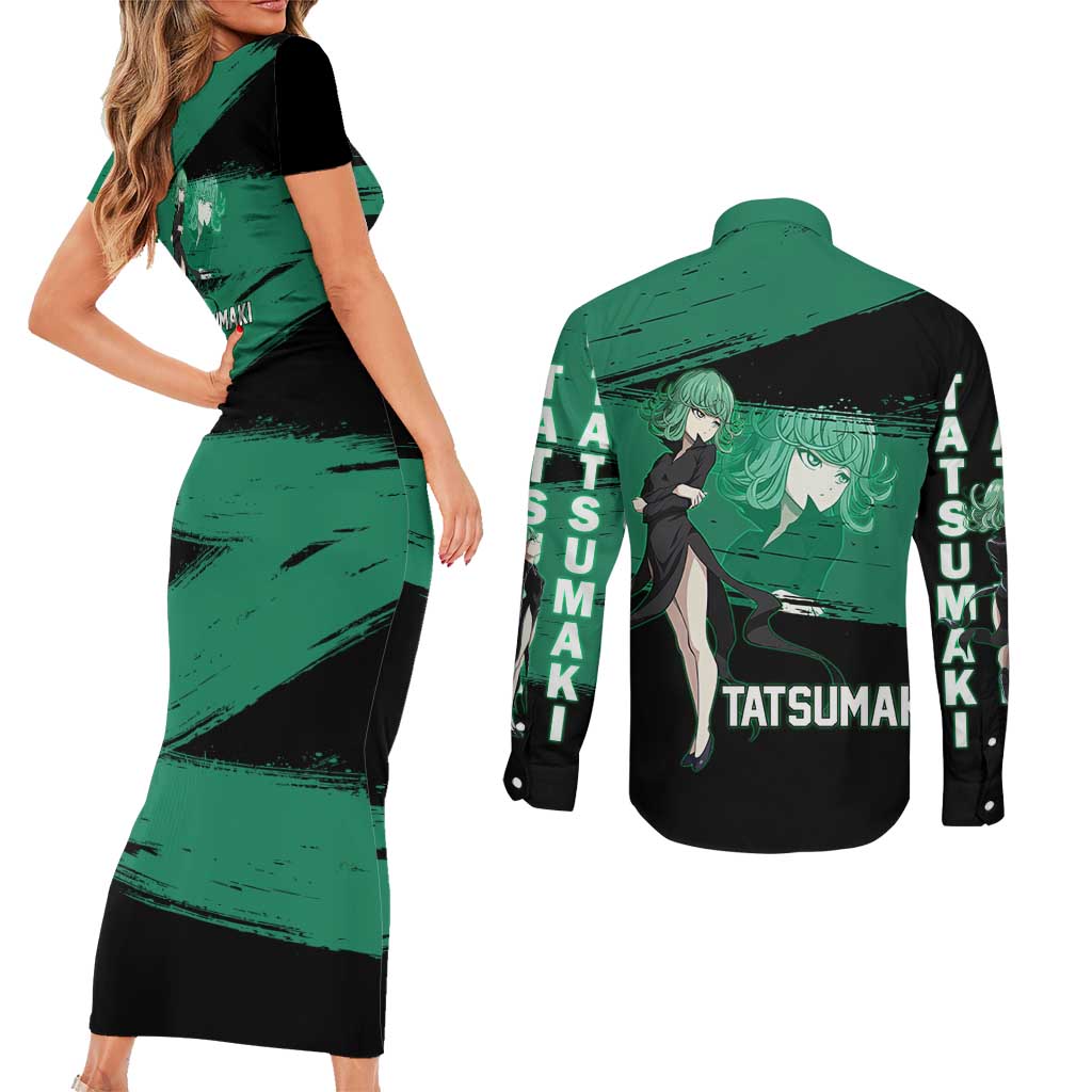 Tatsumaki One Punch Man Anime Green and Black Theme Couples Matching Short Sleeve Bodycon Dress and Long Sleeve Button Shirt with Psychic Power Effects and Bold - The Mazicc