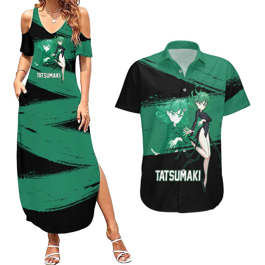 Tatsumaki One Punch Man Anime Green and Black Theme Couples Matching Summer Maxi Dress and Hawaiian Shirt with Psychic Power Effects and Bold - The Mazicc