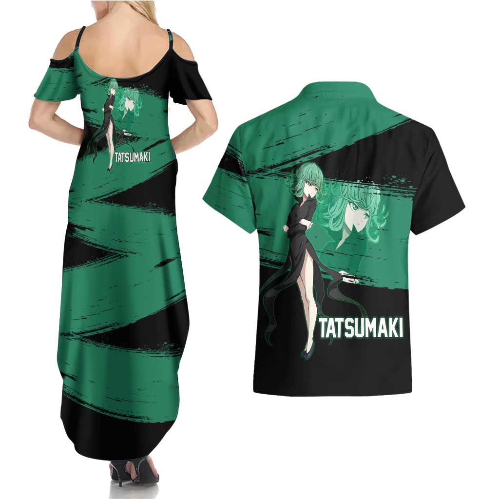 Tatsumaki One Punch Man Anime Green and Black Theme Couples Matching Summer Maxi Dress and Hawaiian Shirt with Psychic Power Effects and Bold - The Mazicc
