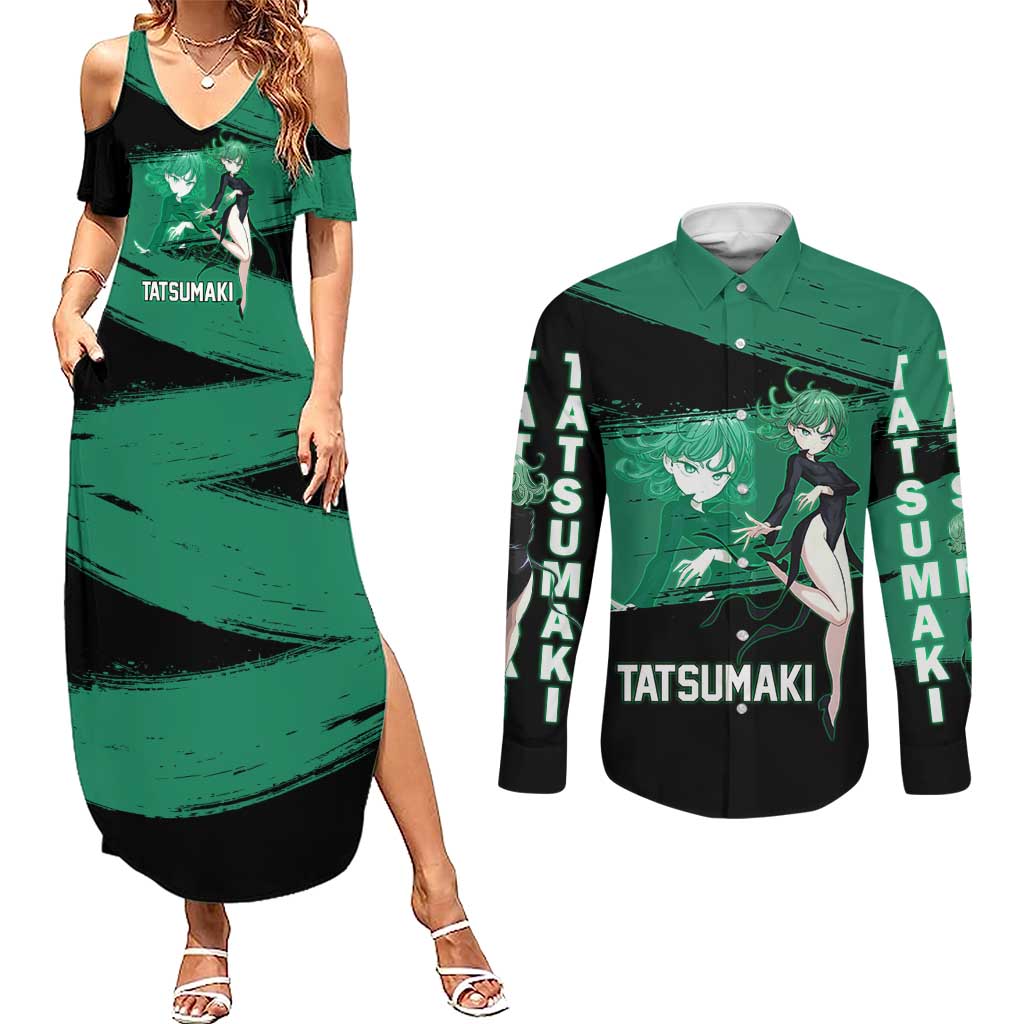 Tatsumaki One Punch Man Anime Green and Black Theme Couples Matching Summer Maxi Dress and Long Sleeve Button Shirt with Psychic Power Effects and Bold - The Mazicc