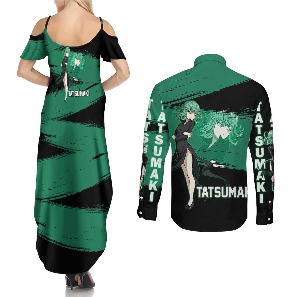 Tatsumaki One Punch Man Anime Green and Black Theme Couples Matching Summer Maxi Dress and Long Sleeve Button Shirt with Psychic Power Effects and Bold - The Mazicc