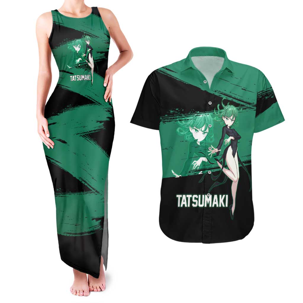 Tatsumaki One Punch Man Anime Green and Black Theme Couples Matching Tank Maxi Dress and Hawaiian Shirt with Psychic Power Effects and Bold - The Mazicc