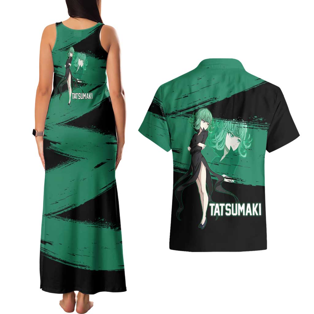 Tatsumaki One Punch Man Anime Green and Black Theme Couples Matching Tank Maxi Dress and Hawaiian Shirt with Psychic Power Effects and Bold - The Mazicc