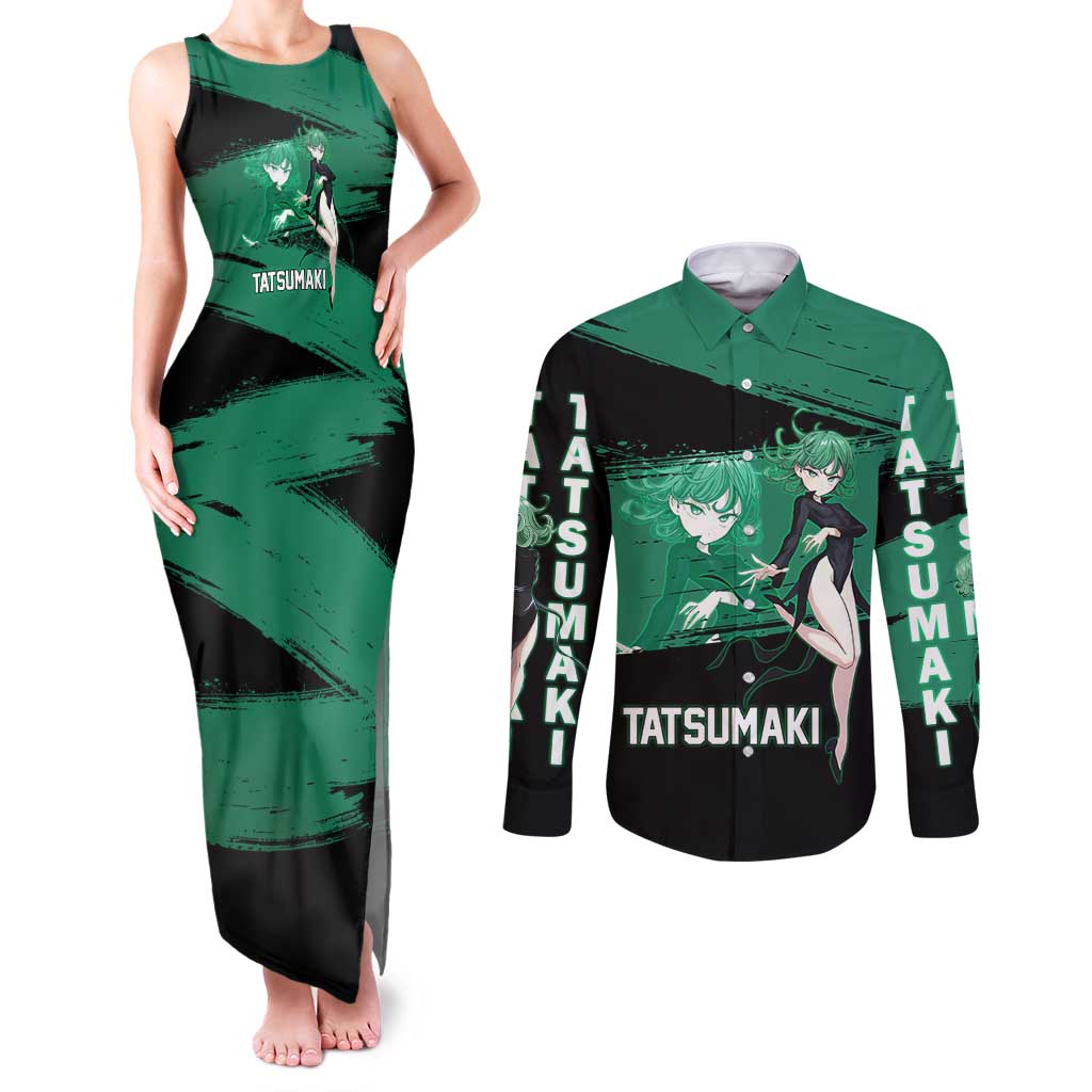 Tatsumaki One Punch Man Anime Green and Black Theme Couples Matching Tank Maxi Dress and Long Sleeve Button Shirt with Psychic Power Effects and Bold - The Mazicc