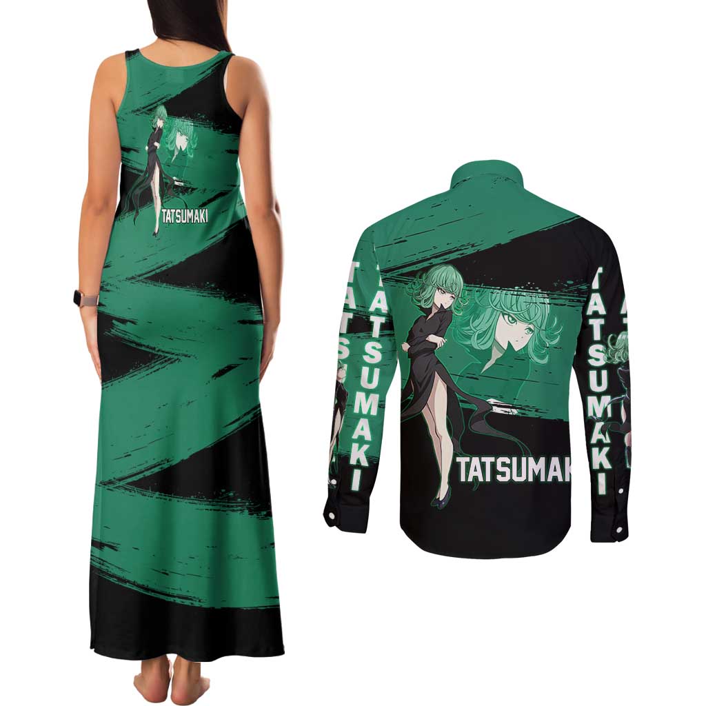 Tatsumaki One Punch Man Anime Green and Black Theme Couples Matching Tank Maxi Dress and Long Sleeve Button Shirt with Psychic Power Effects and Bold - The Mazicc