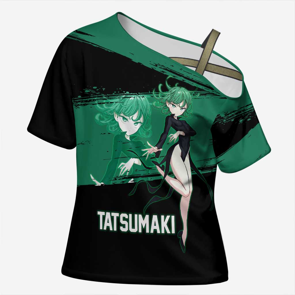 Tatsumaki One Punch Man Anime Green and Black Theme Cross Shoulder Shirt with Psychic Power Effects and Bold - The Mazicc