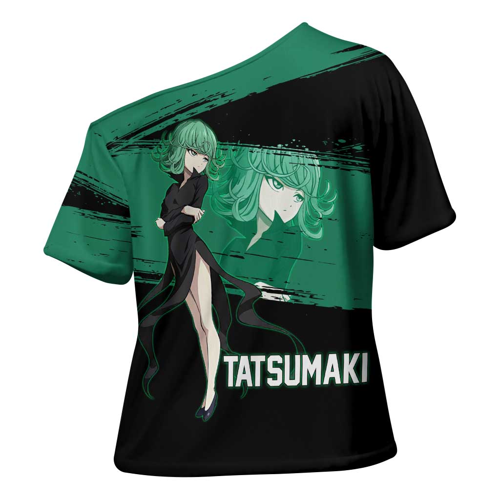 Tatsumaki One Punch Man Anime Green and Black Theme Cross Shoulder Shirt with Psychic Power Effects and Bold - The Mazicc