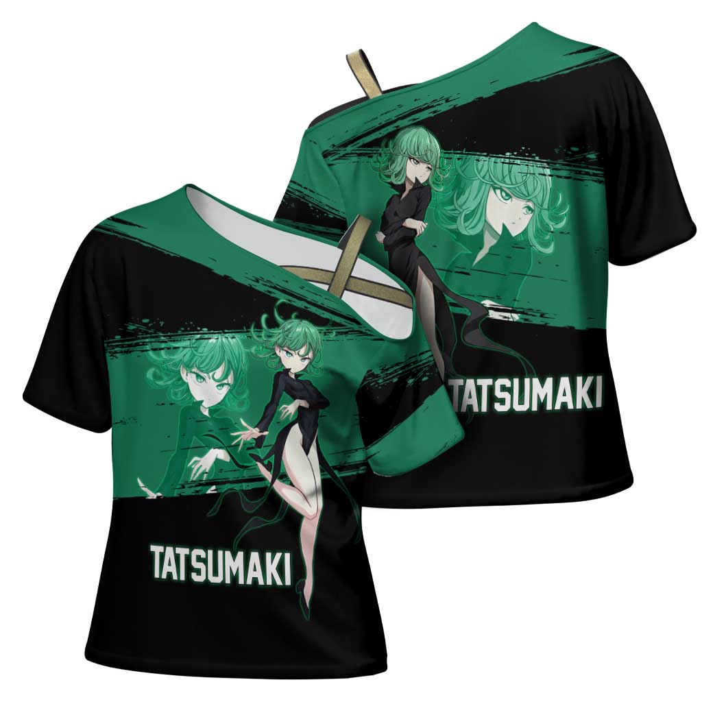Tatsumaki One Punch Man Anime Green and Black Theme Cross Shoulder Shirt with Psychic Power Effects and Bold - The Mazicc