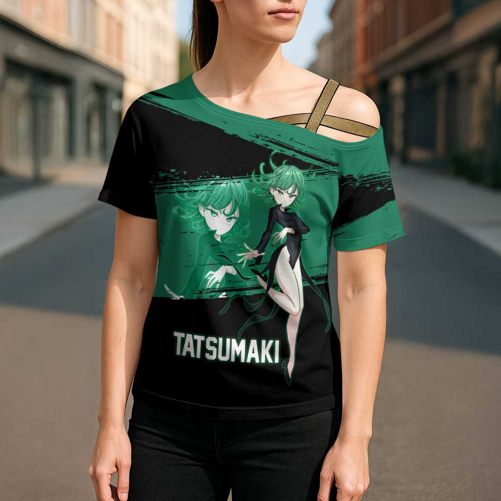 Tatsumaki One Punch Man Anime Green and Black Theme Cross Shoulder Shirt with Psychic Power Effects and Bold - The Mazicc
